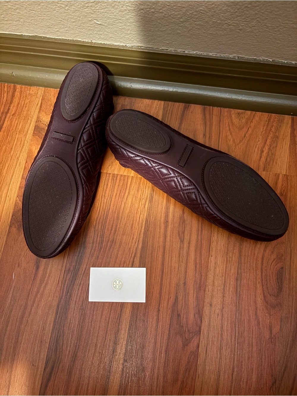 Tory Burch Quilted Leather Ballet Flats — Wine with Gold Logo - Picture 2 of 3